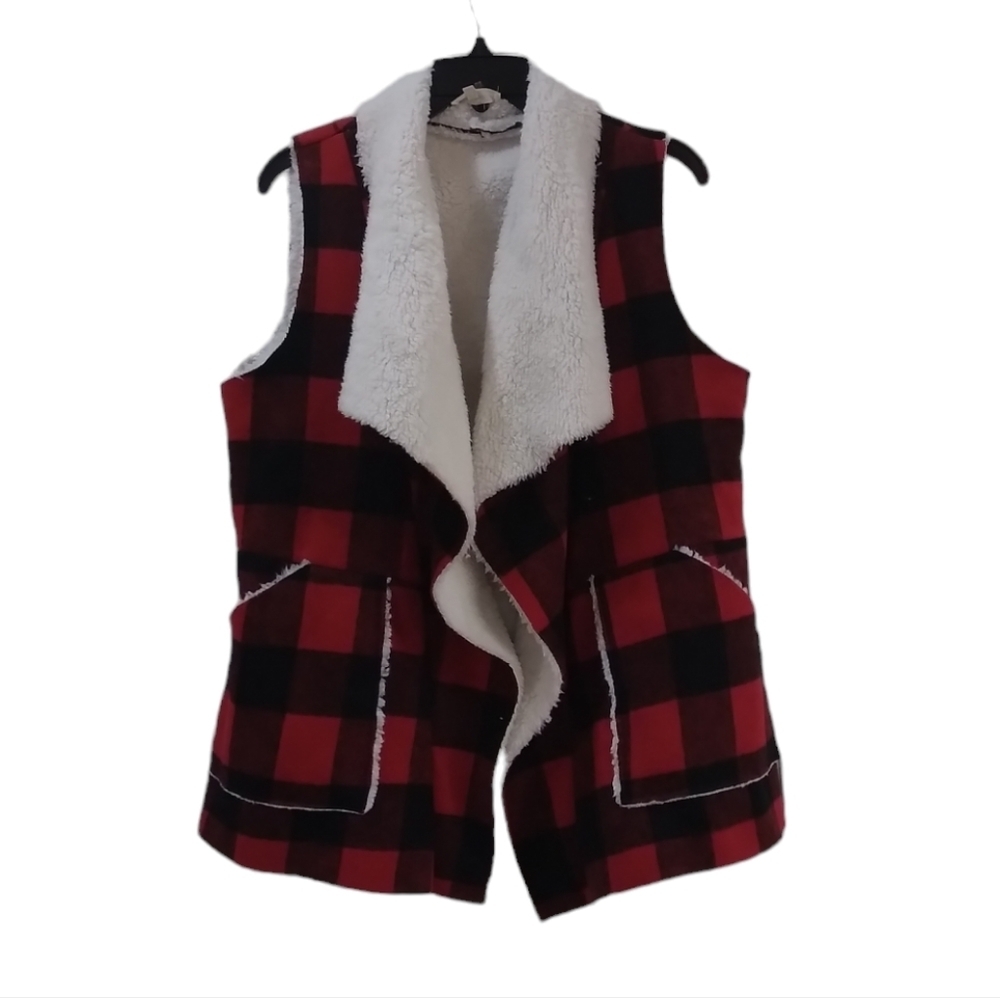 Entro Red And Black Western Sleeveless Fur Bohemian Cardigan Size M